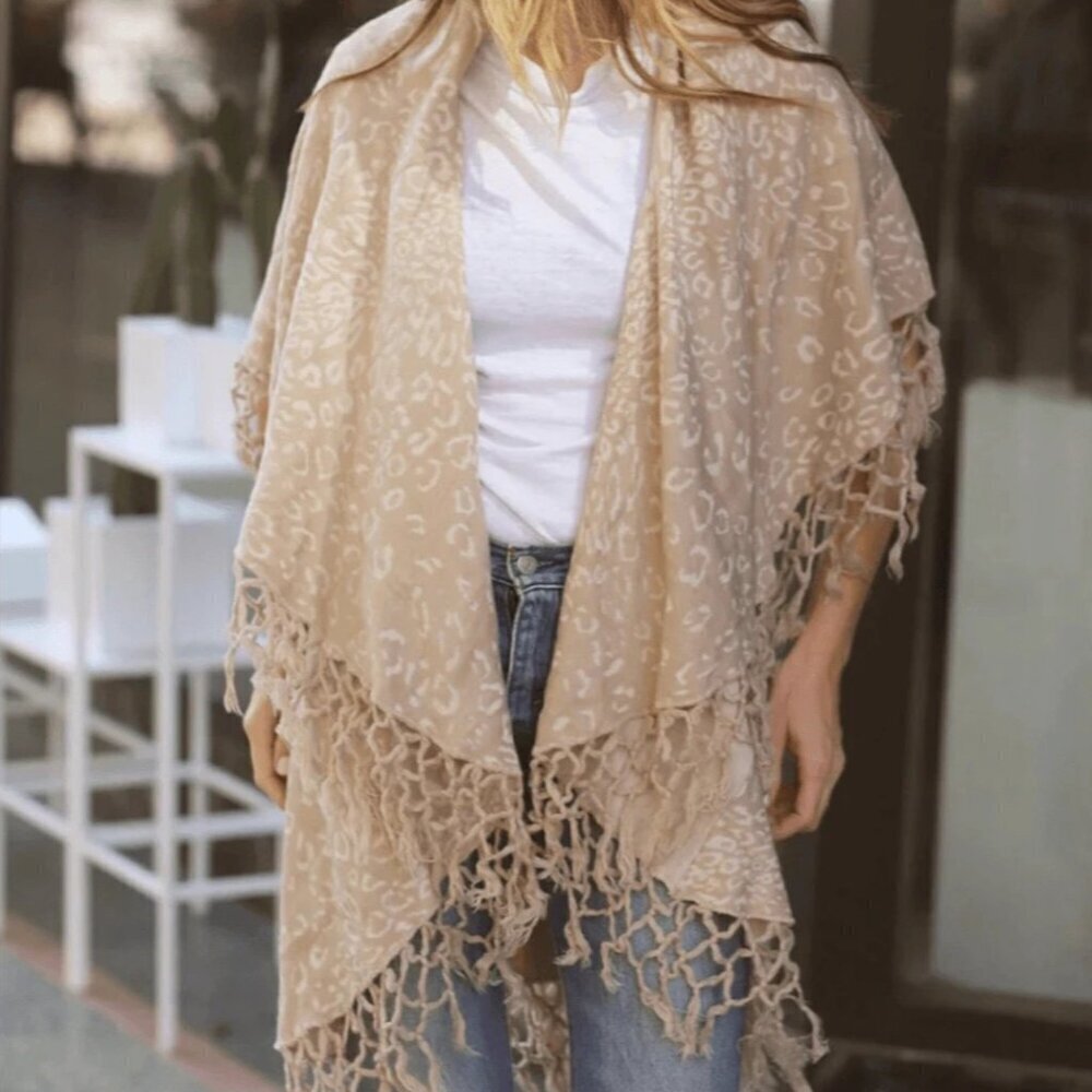 lèRumi Fringe Open Cardigan Animal Print Boho Layer Whimsical Playful OS NWT